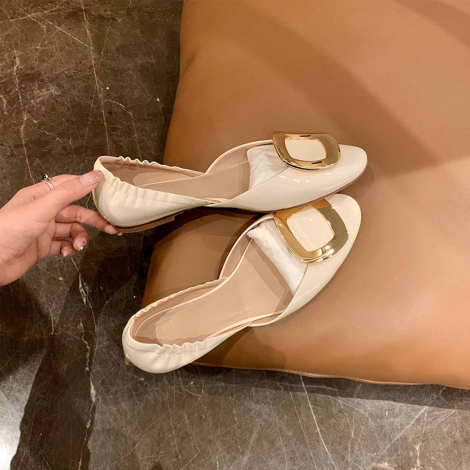 Elegant Ladies D'orsay Shoes Elastic Pleated Cover Heels Flats Women Traf Pointed Toe Ballets Soft Soled Roll-Up Moccasins Mujer