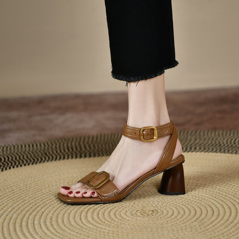 Buckle High Metal Heel Sandals: Square Toe Pumps for Women 4