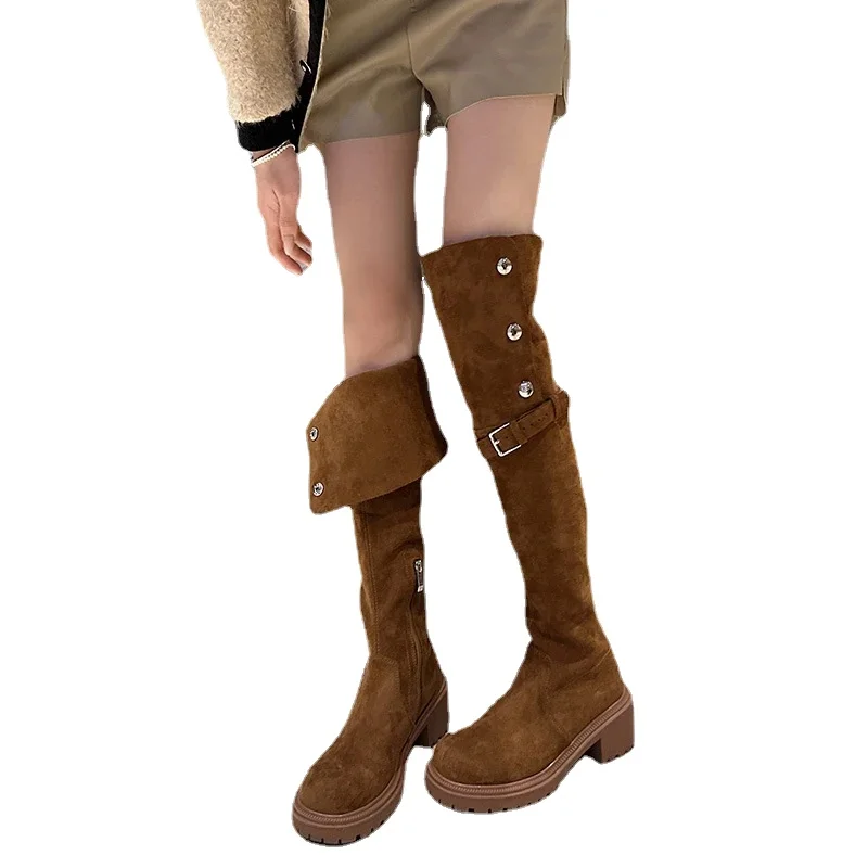 Women Platform Shoes Flat Fur Warm Chelsea Boots New Fashion Suede Over The Knee Boots Short Plush Cotton High Botas 2024