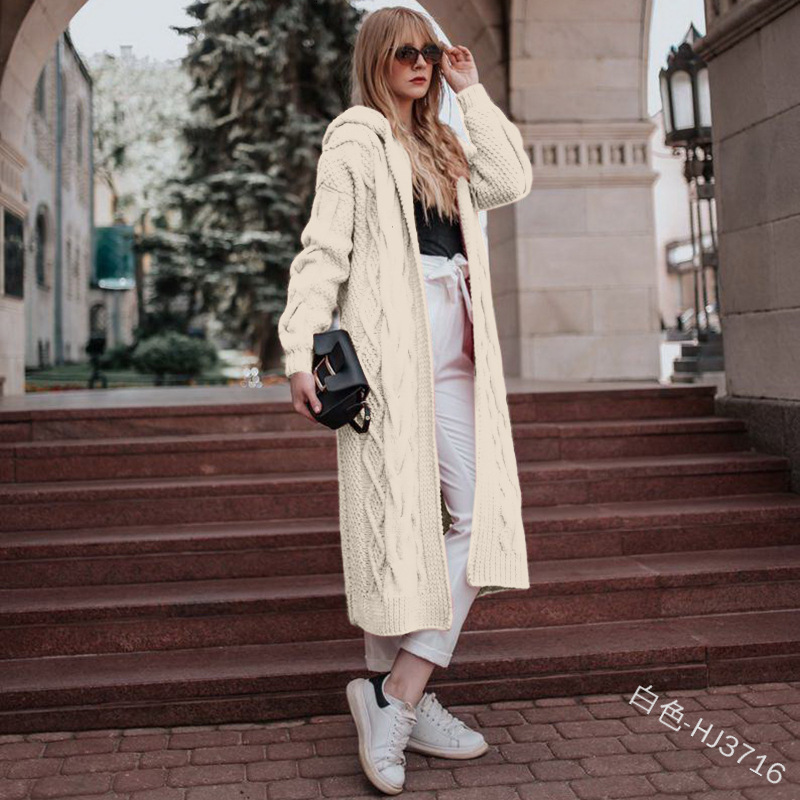 New autumn and winter hot solid hooded long loose cardigan sweater Fried Dough Twists knitwear women