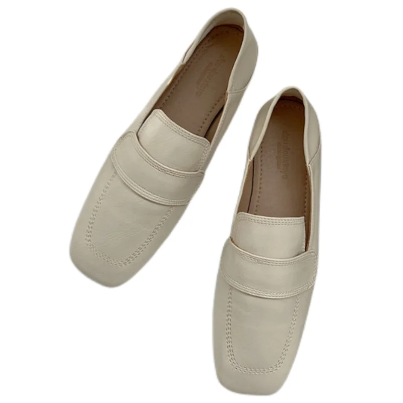 Leather Loafers Women, Flat Square Toe Slip-on Shoes, Casual Ladies Mules for Party and Driving