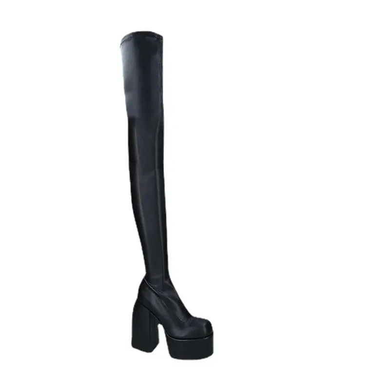 Winter Designer Black High Heels Shoes Plus Size Catwalk Platform Over The Knee Women Elastic Boots