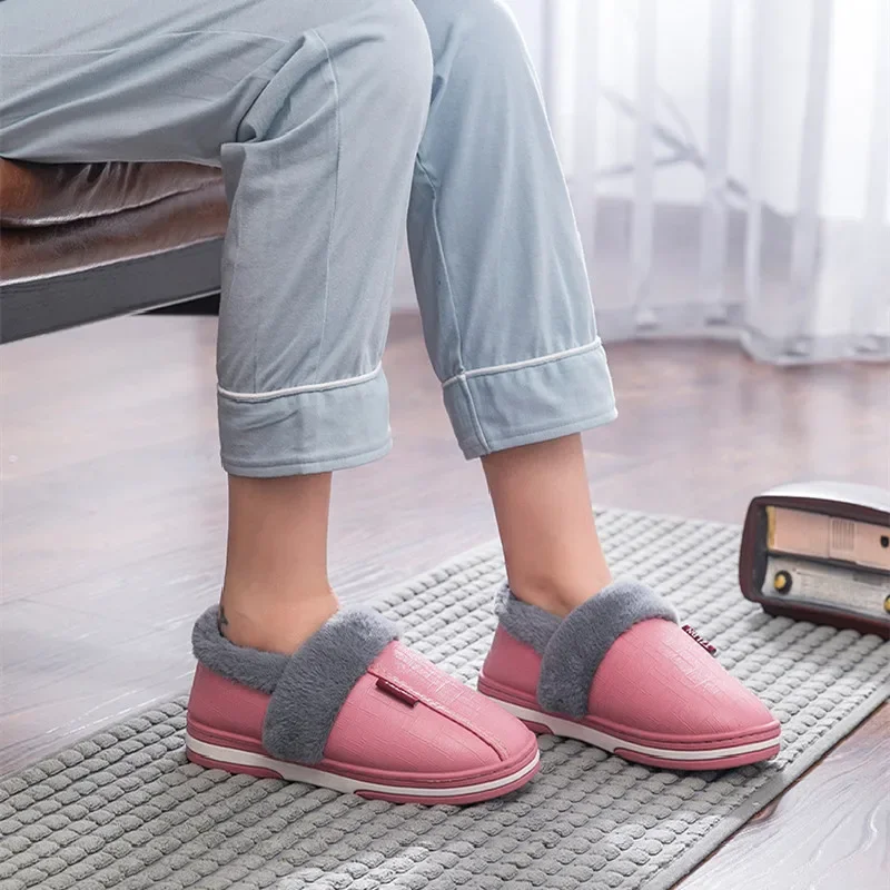 Cozy Winter PU Leather Slippers: Waterproof Non-Slip Plush Slides for Men & Women