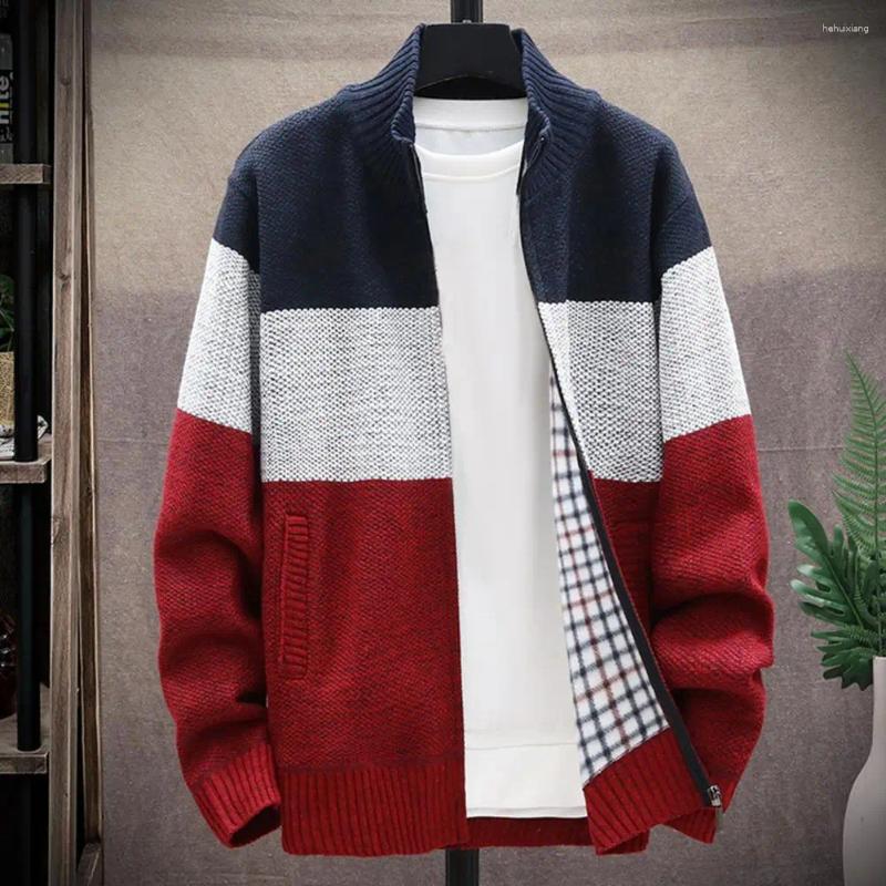 Men's Sweaters, Zip-Up Knitted Coat With Plush Ing, Stand Collar, Color Block Design, Daily Casual Outwear
