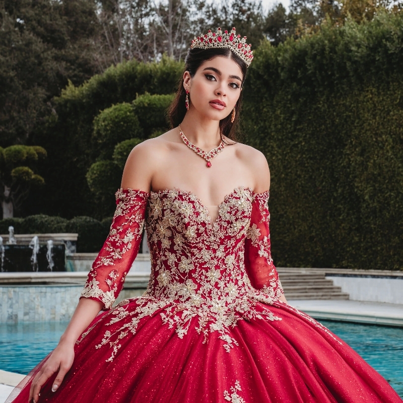 Red Shiny Princess Quinceanera Dresses Ball Gown Off The Shoulder Applique Lace Bow Tull Corset Sweet 16 Dress Vestidos 15 De XV Anos