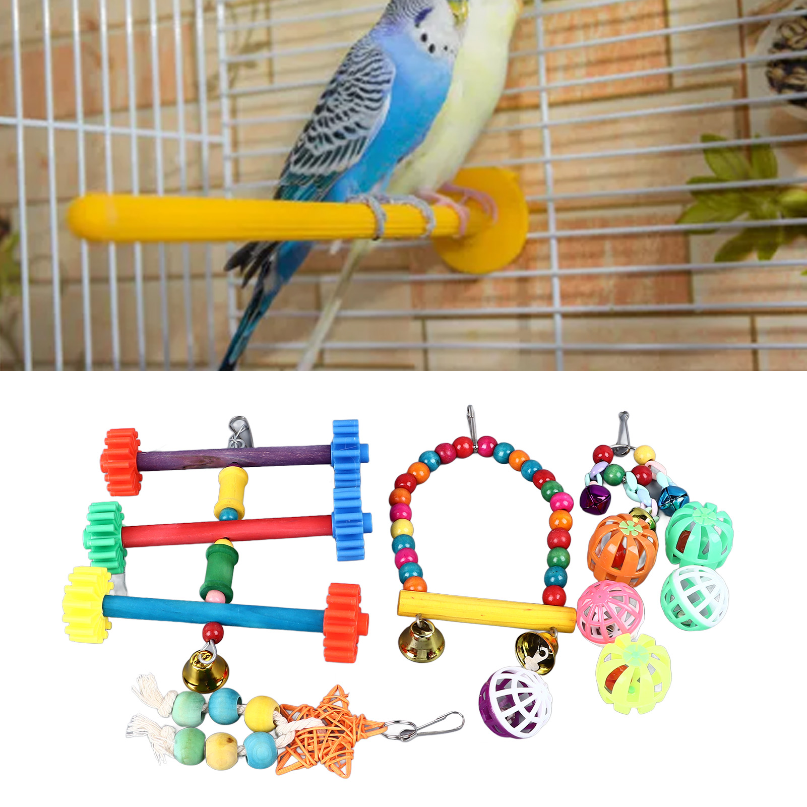 Colorful Bird Toy Set, Climbing, Chewing, Swing, Bell, String, Ball, Parrot Cage, Toys for Parakeet, Cockatiel