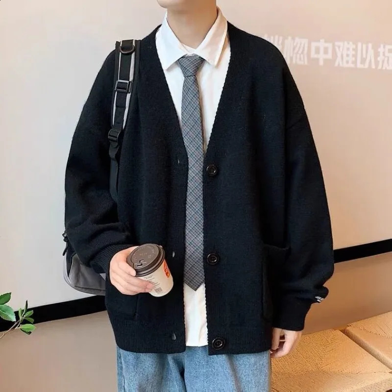 Man Clothes Cardigan Solid Color Knitted Sweaters for Men with Pockets V Neck Coat Jacket Plain Japanese Retro T Shirt Baggy S A 240903