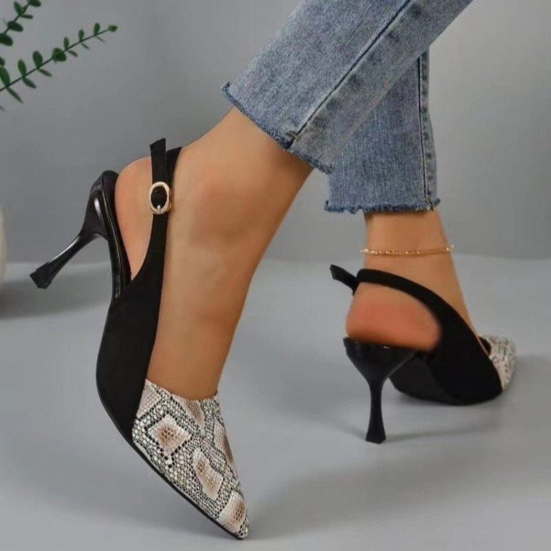 2025 new New High Heels Mules Sandals Women Fashion Snake Pattern Thin Heeled Shoes Woman Back Strap Pointed Toe Sandalias 80c2