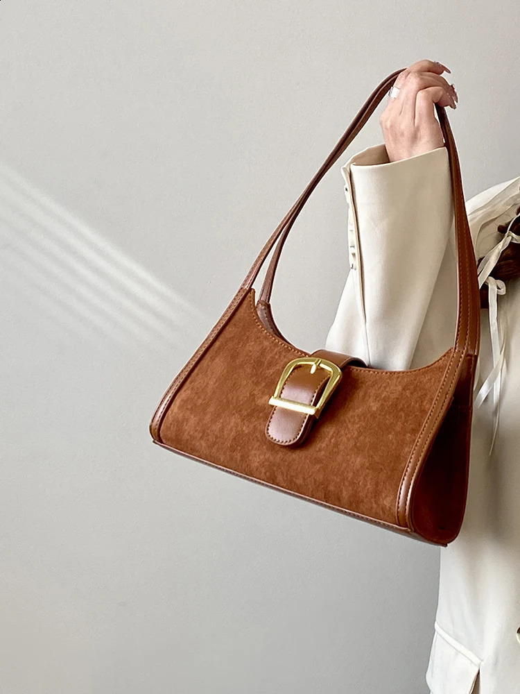 Vintage Niche Womens Underarm Bags Fashion Suede High-end Single Shoulder Bags Female Casual Commuting Brown Handbag 240902