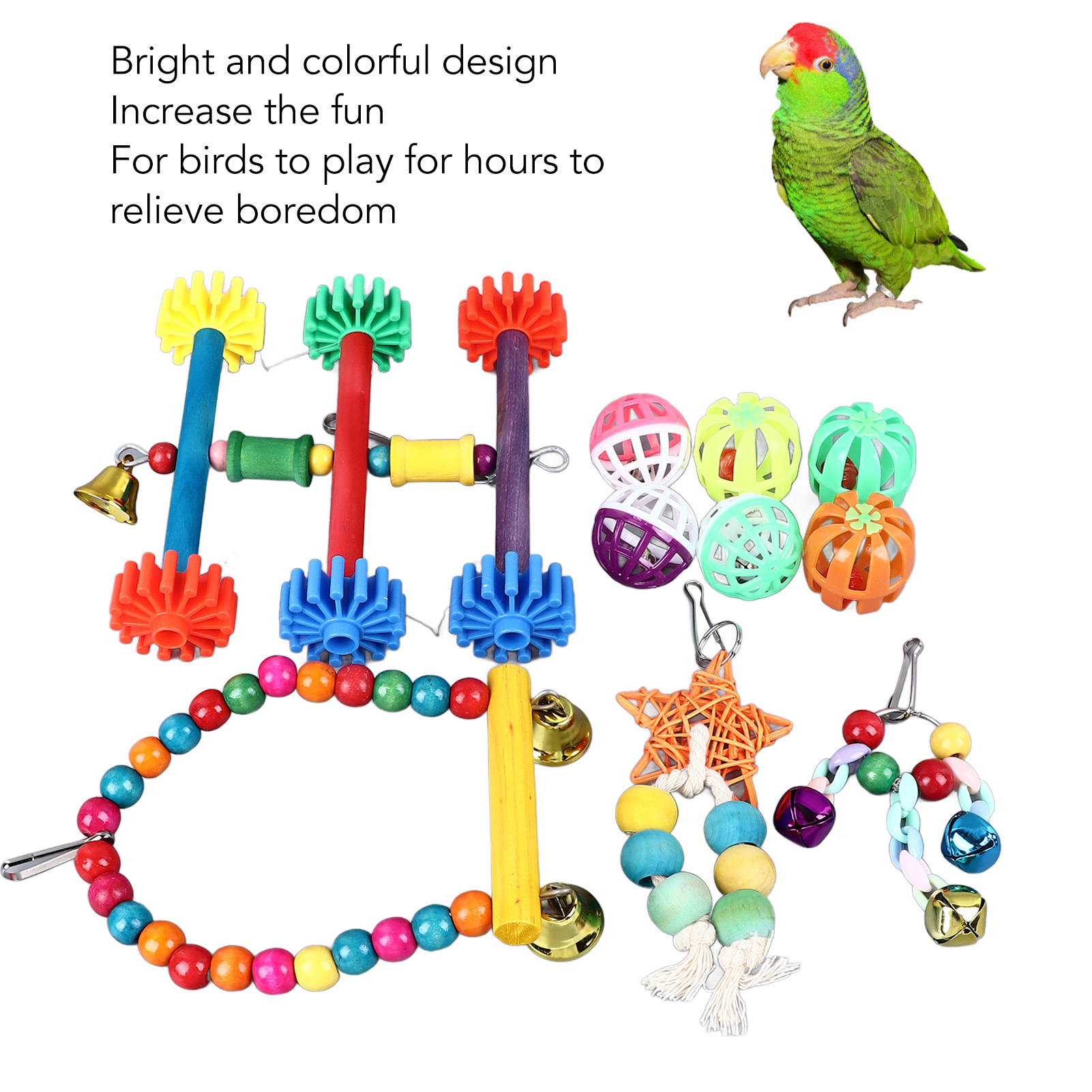Colorful Bird Toy Set, Climbing, Chewing, Swing, Bell, String, Ball, Parrot Cage, Toys for Parakeet, Cockatiel