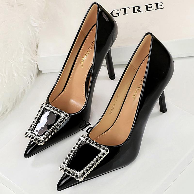 Women BIGTREE Pumps Rhie Metal Buckle Design High Patent Leather Ladies Heels Stilettos Party Shoes 43 4a1d