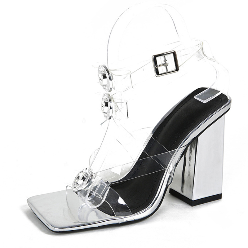 2025 new Fashion Liyke Design Metal Button Transparent Sandals Women Square Toe PVC Bowknot Ankle Strap Thick Heels Party Dress Shoes c6d1