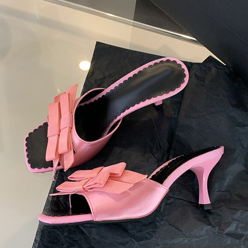 Summer Liyke Fashion Double Butterfly-knot Satin Women Slippers Sandals Thin High New Heel Outdoor Dress Slides Shoes Mules Femme 3de4