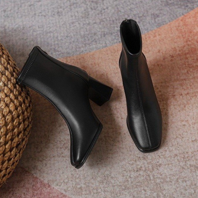 Square Winter Toe Woman Ankle Fashion Zippers Ladies Elegant Thick High Heel Short Boots Shoes Black Women's Boats 7f82