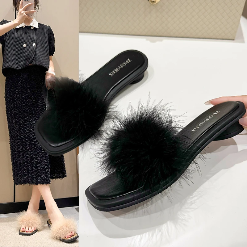 Fluffy Summer Ostrich Feather Slides Women Sandals Flip ps Indoor Slippers Flat Shoes 508d