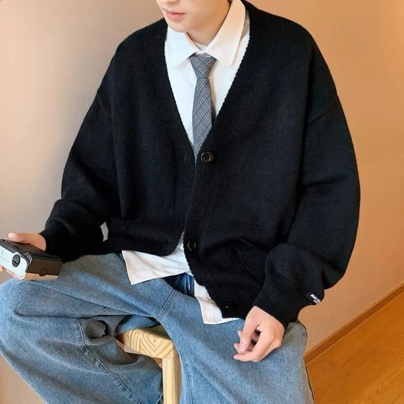 Man Clothes Cardigan Solid Color Knitted Sweaters for Men with Pockets V Neck Coat Jacket Plain Japanese Retro T Shirt Baggy S A 240903
