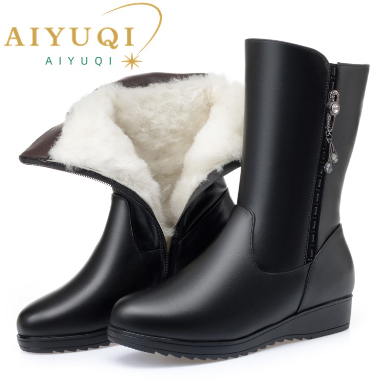 AIYUQI Women Winter Boots Anti Slip 2024 New Genuine Leather Mom Snow Boots Women Wedge Large Size Wool Warm Women's Boots