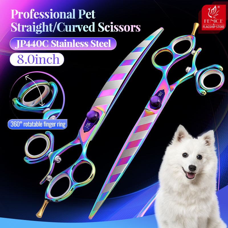 Fenice 8 inch Professional Pets Grooming Scissors 3 Hole 360° Rotating Handle Straight Curved Pet Hair Cutting Shears Scissors