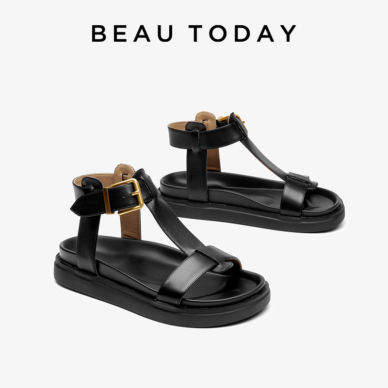 BEAUTODAY T-Strap Sandals Women Genuine Cow Leather Buckle Strap Solid Color Leisure 2024 Summer Ladies Shoes Handmade 32429