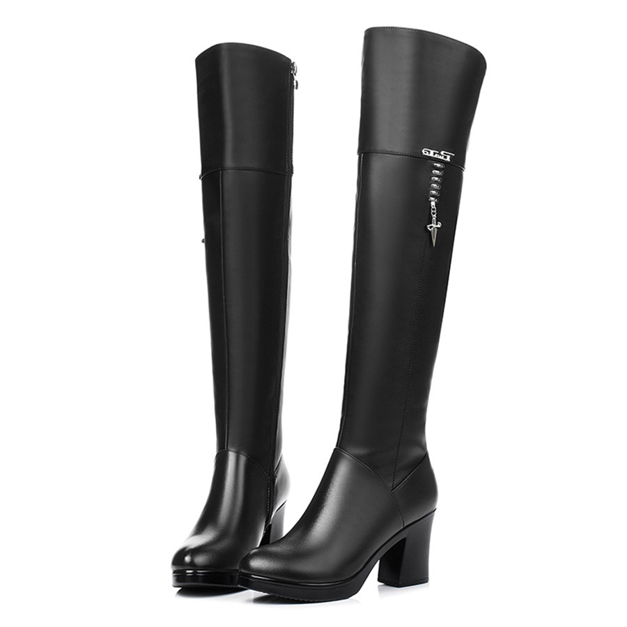 Women's Knee Length Boots 2024 New Genuine Leather Long Boots Women Winter Fur Knee Boots High Heel Women Motorcycle Boots