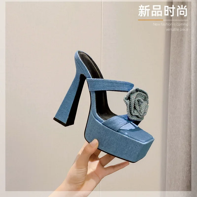 2024 New Denim Blue Crystal Rose Flower Women Slippers Summer Design Chic Peep Toe 14cm Square Heels Gladiator Sandals Shoe