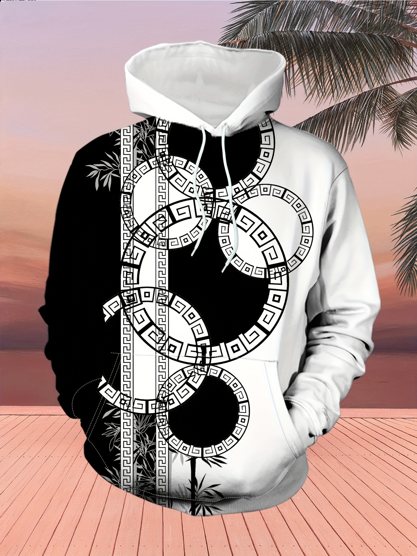 Contrast Color Geometric And Bamboo Print Fashion Hoodie For Men, Loose Fit Hooded Sweatshirt For Spring, Fall Winter