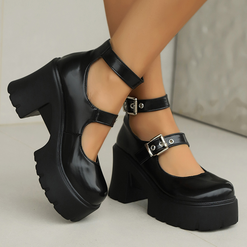 Chunky Punk High Heels Pumps Women 2024 Fashion Double Buckle Platfprm Mary Jane Woman Pu Leather New Cosplay Lolita Shoes 743e