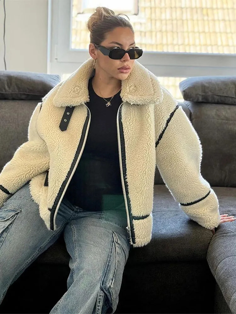 Autumn Winter Women Plush Zipper Jacket Solid Patchwork Long Sleeve Lapel Motorcycle Coat Fashion Female Street Warm Outerwear 240903