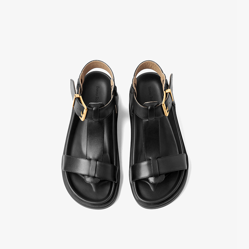 BEAUTODAY T-Strap Sandals Women Genuine Cow Leather Buckle Strap Solid Color Leisure 2024 Summer Ladies Shoes Handmade 32429
