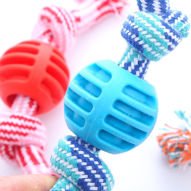 Wholesale hot sale pink blue pet tooth cleaning interactive toy durable TPR Cotton rope double knot ball pet chew toys for dogs