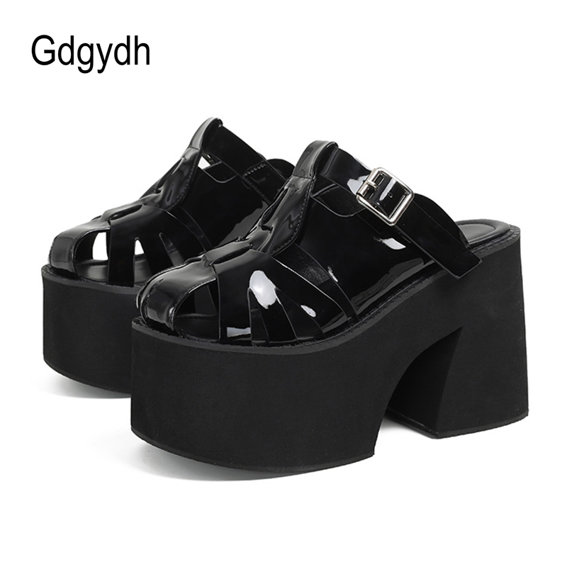 Women Platform Sandals Closed Toe Buckle Decor Solid Color Slip On Chunky Heels Mules Outdoor Non Slip Breathable