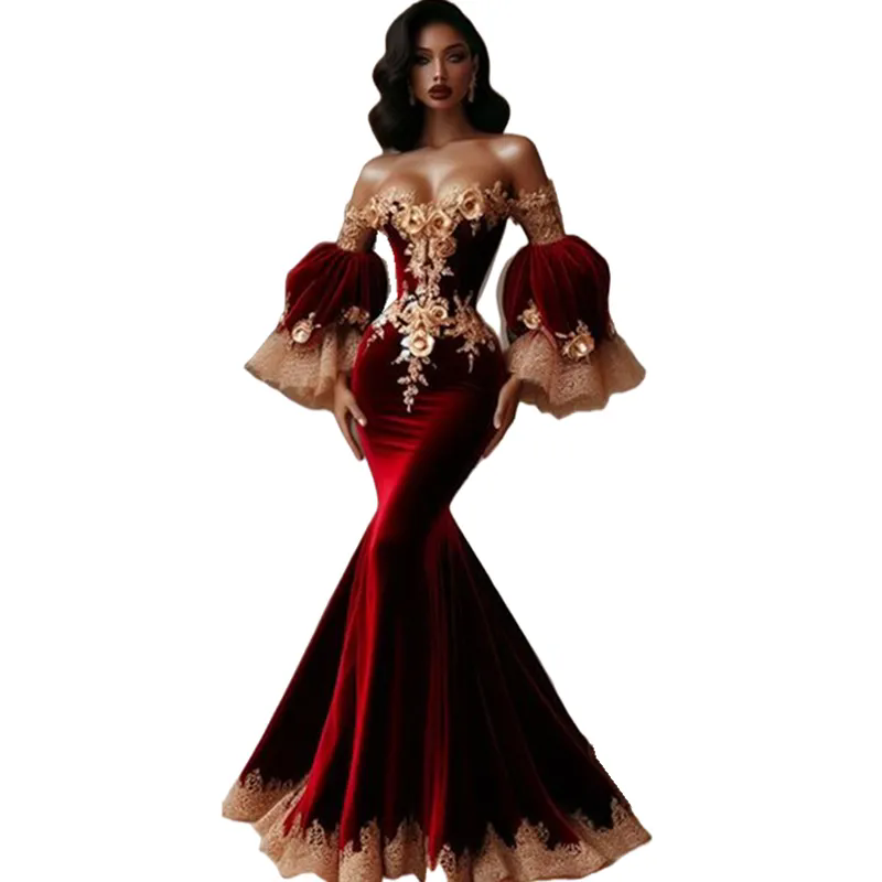 Sexy Burgundy Mermaid Prom Dresses Off The Shoulder Flare Long Sleeves Formal Evening Gowns For Women Gorgeous Champagne 3D Floral Appliques Reception