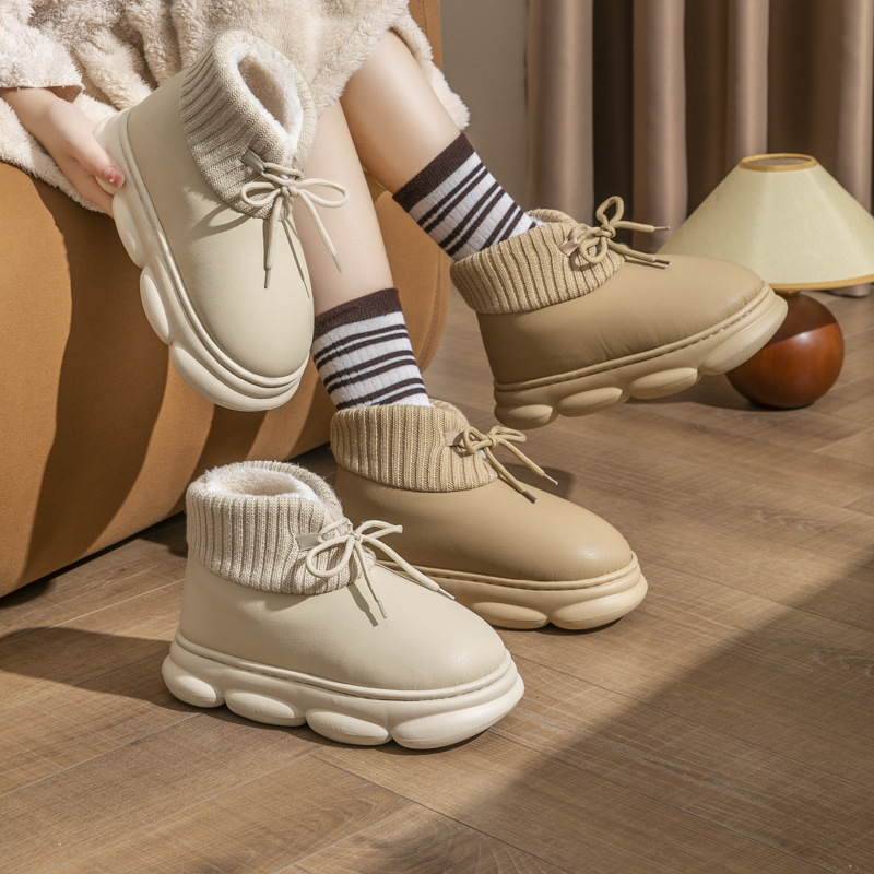 Waterproof 2024 Winter Shoes Woman Men Indoor Slippers Lace-up PU Leather High Top Footwear Couples Warm Platform Snow Boots