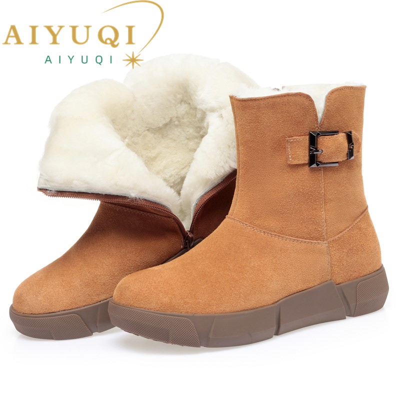 AIYUQI Women Snow Boots Genuine Leather 2024 New Natural Wool Women Winter Boots Large Size Wedge Warm Women's Booties