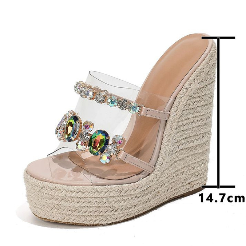 PVC Liyke Transparent Shoes For Women 14.7CM Wedges Slippers Fashion Crystal Chain Sandals Female Open Toe Platform High Heels 287e 67e