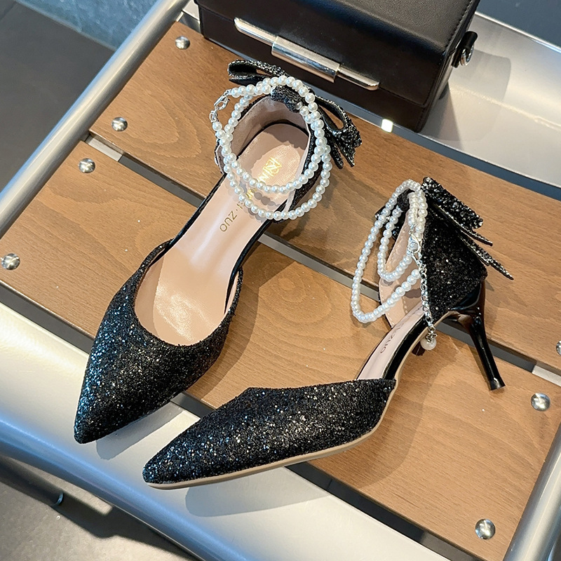 Black Pointy Women Sequin New Bow High Wedding Shoes Female Designer Elegant Pearl Party Sandals Dress Dance Sexy Heels