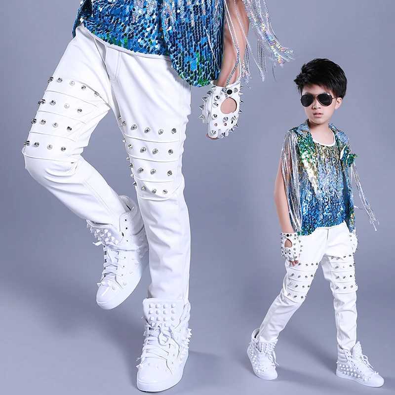 Men's Pants Boy Black Leather Rivet Pants Street Dance Costume Walkway Drum Hip Hop Dance Costume Childrens Singer Trouser Stage Costume DNV15221