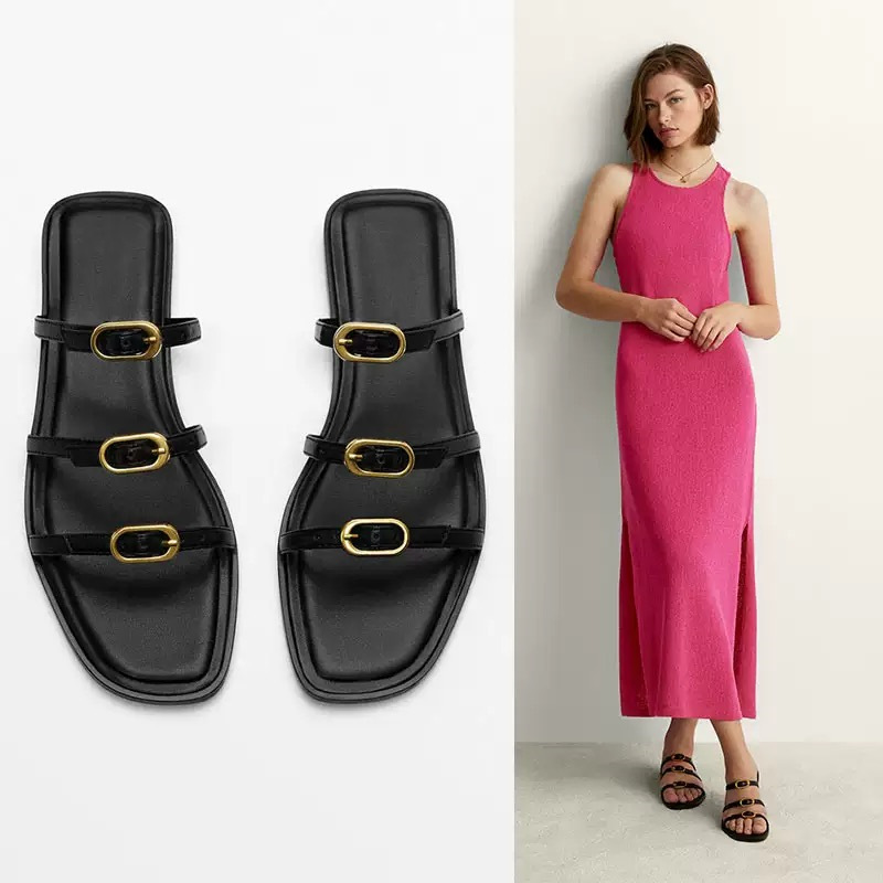 Buckle Strap Flat Slippers For Women 2024 Summer Round Head Open Toe Slipper Women New Leisure Black Indoor Sandals Shoes Ḁ