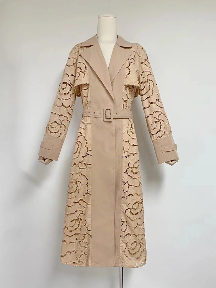 Eshin 2024 Spring Hollow Open Collar Womens Long Sleeve Splicing with Elegant Trench Womens Fashion Dress TH6188 240903