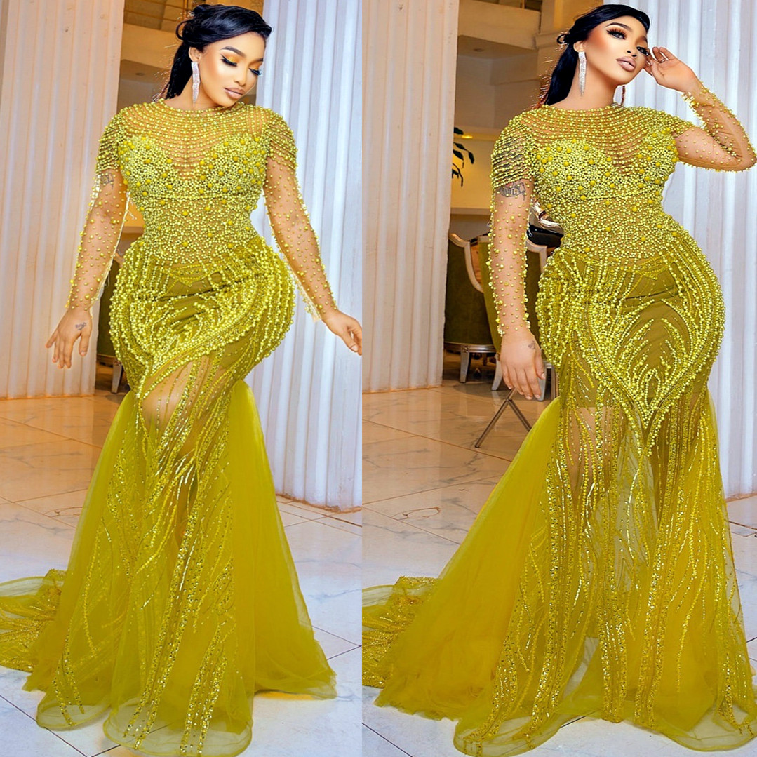 2024 Pink Gold Prom Dresses For Special Occasions Illusion Pearls Full Sleeves Evening Formal Party Second Reception Birthday Engagement Gowns Dress