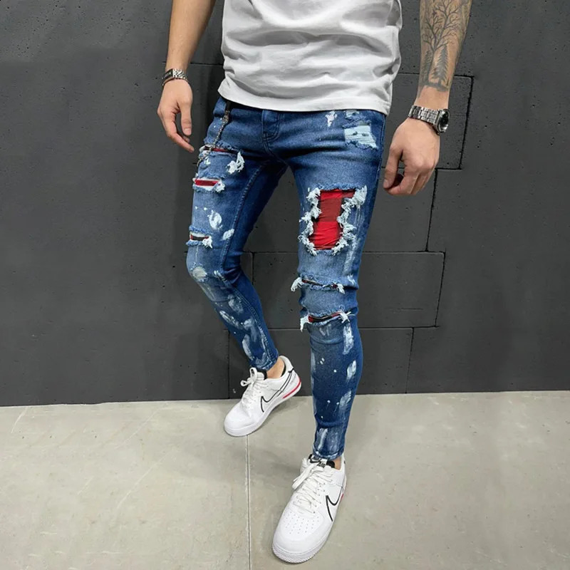 Ripped Jeans Men Stretch Skinny Grey Blue Black Hip Hop Denim Trousers Streetwear Casual Slim Fit Jeans for Men Jogging jean 240902