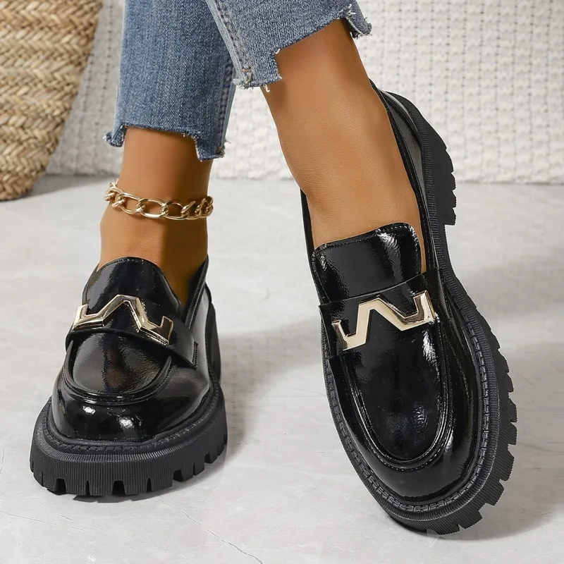 Women New for Spring Loafers Ladies Thick Sole Slip on Flats Leather Platform Casual Buckle Shoes Female atos De Mujer Platm
