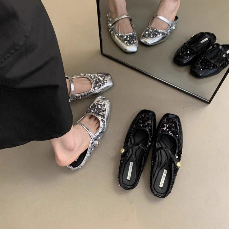 Mules Women Crystal Slippers Summer Fashion Sgback Dress Walking Flip ps Outdoor Designer Flats Mary Jane Square Toe Shoes d9b4