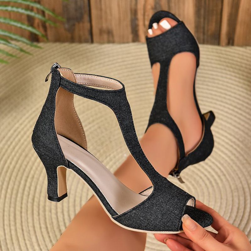 Hollow Sexy Womens High Sandals Solid Denim Thin Heels New Woman Sandles Outdoor Walking Pointed Toe Sandalias Femmer d823