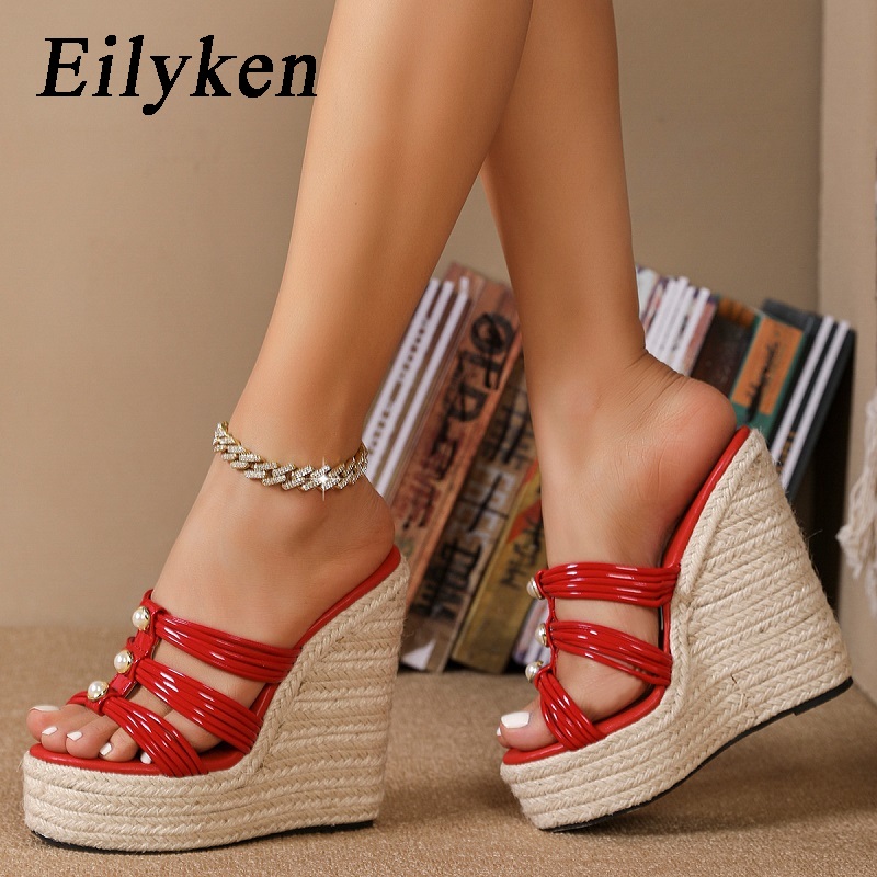 Eilyken Pearl Narrow Band Open Toe Platform Wedges Slippers Women Fashion Grass Rattan Weave Dress Slide Summer Shoes c59c adb