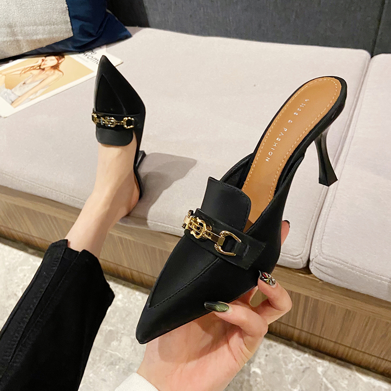 New Snake Print Woman Pumps Slipper Fashion Gold Chain Sandal Shoes Ladies Pointed Toe Slip on Mules Thin Low Heels Slides