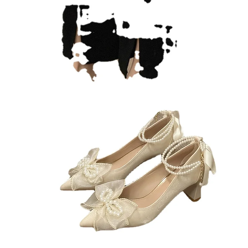 2025 NEW Belt Pearl Pointed Thick High Wedding Bow Toe Button Middle Heel Party Sandals atillas Mujer f