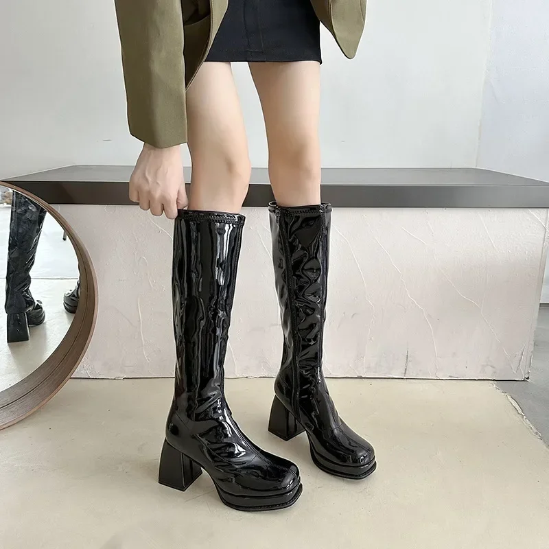 Chunky Women Heel Platform Long Square Toe Black Patent Leather Knee Boots Woman Autumn Thick High Heels Punk Botas a8e3 s