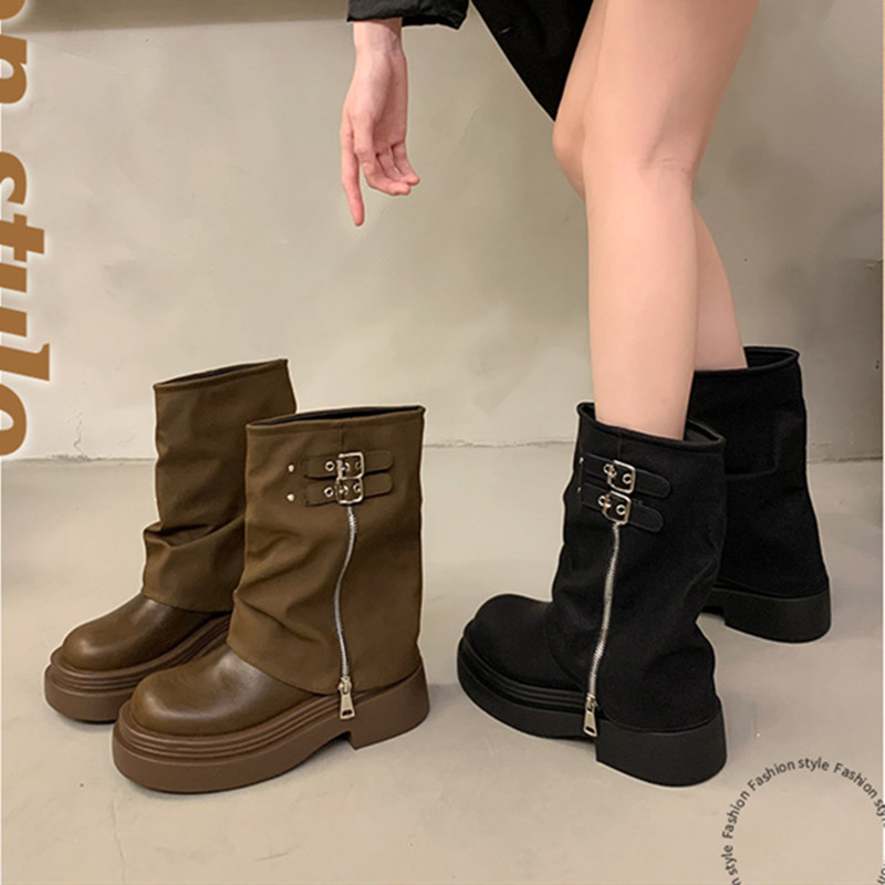 Thick Bottom New Platform 2024 New Pantyhose Cowboy Zip Belt Buckle Design for Women PU Leather Ankle Boots