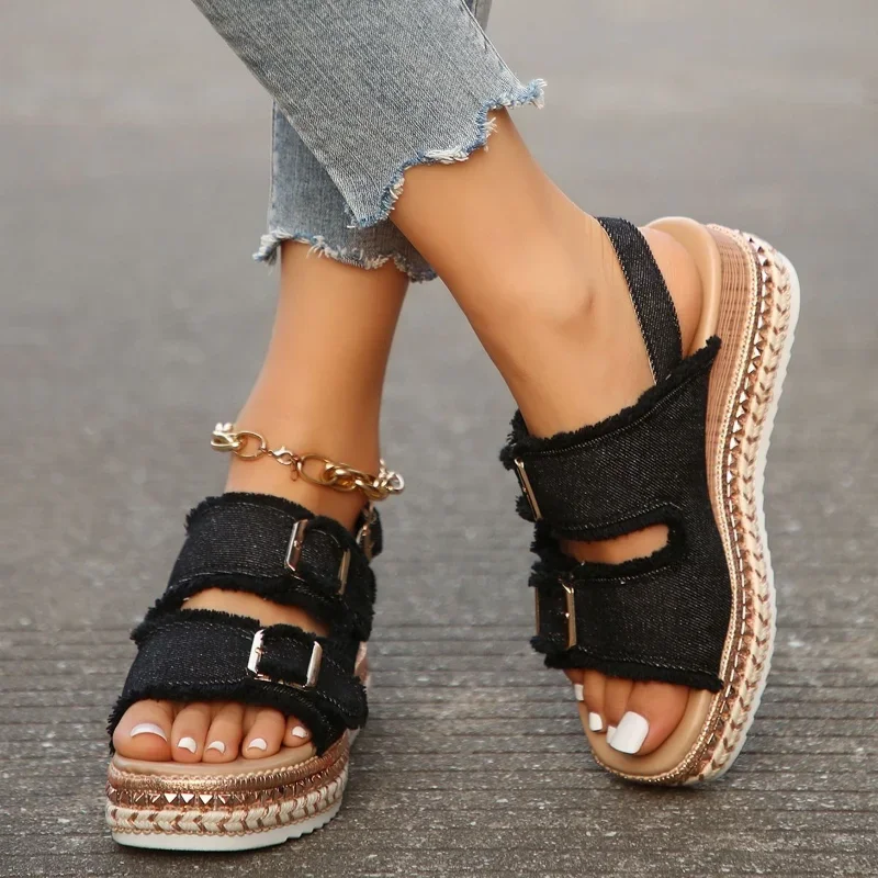 2025 new Women Chunky Platform Wedges Female Summer Blue Denim Beach Sandals Woman Ankle Straps High Heels Sandalias Plus Size 42 0530